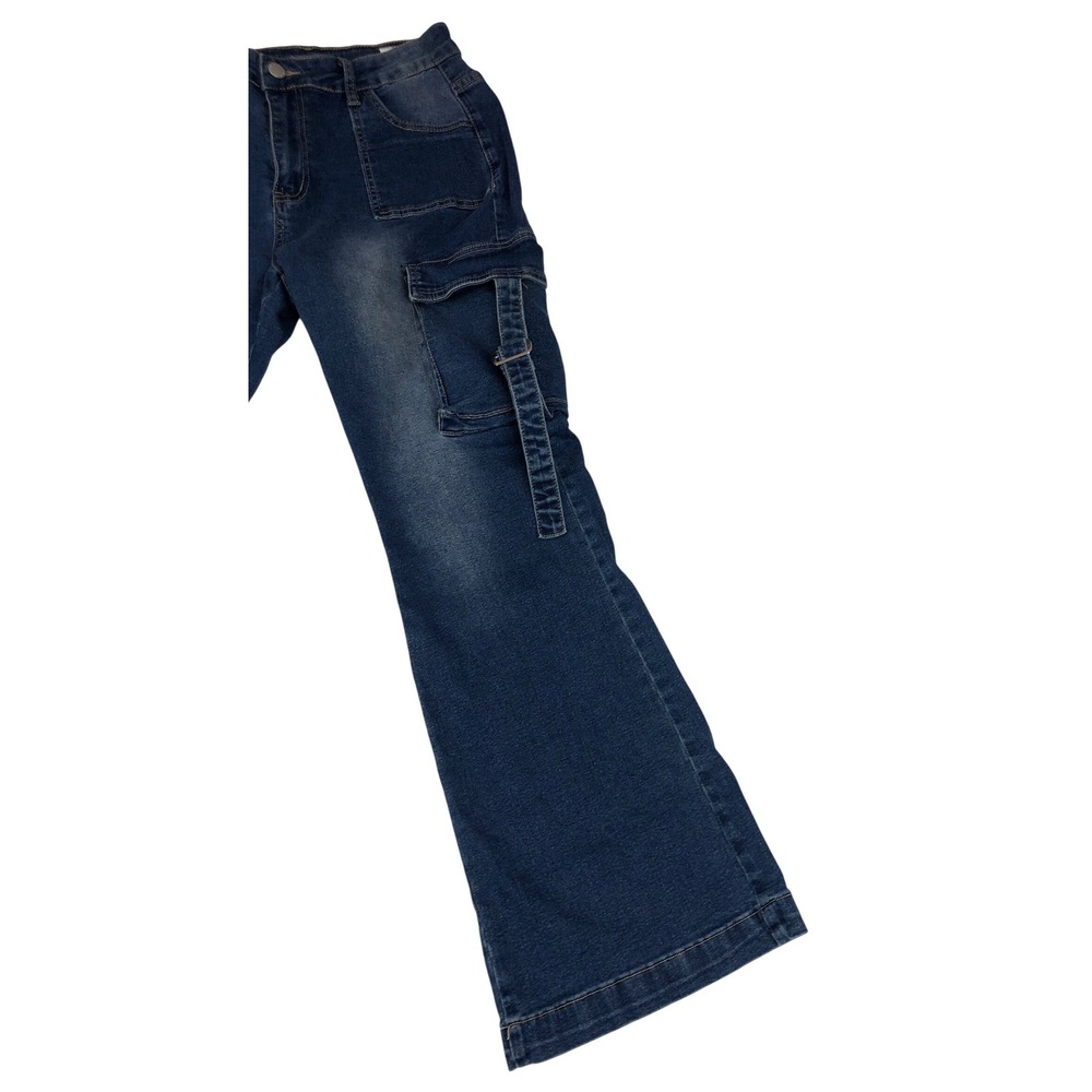 Shein Womens Petite L Dark Wash Denim Cargo Flare Jeans Buckle Strap Blue Retro - Picture 10 of 11